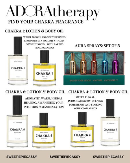AdoraTHERAPY: Find your perfect fragrance ☁️ 

Find your perfect scent, whether it be for your body, home or soul! These are made for your individual chakras, and all depend on your mood & aesthetic as a person. Plus, they make custom fragrances, samples, great gifts & more!💫

#LTKstyletip #LTKbeauty #LTKover40