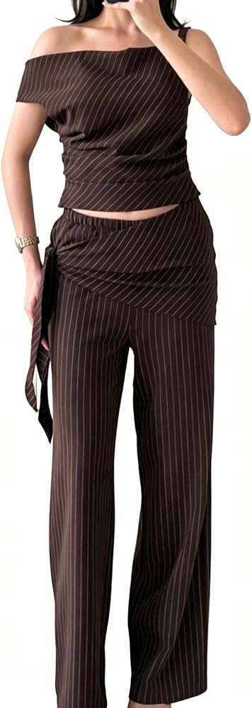 2 Piece Sets for Women Off The Shoulder Tops with High Waist Pants Casual Going Out Outfits | Amazon (US)