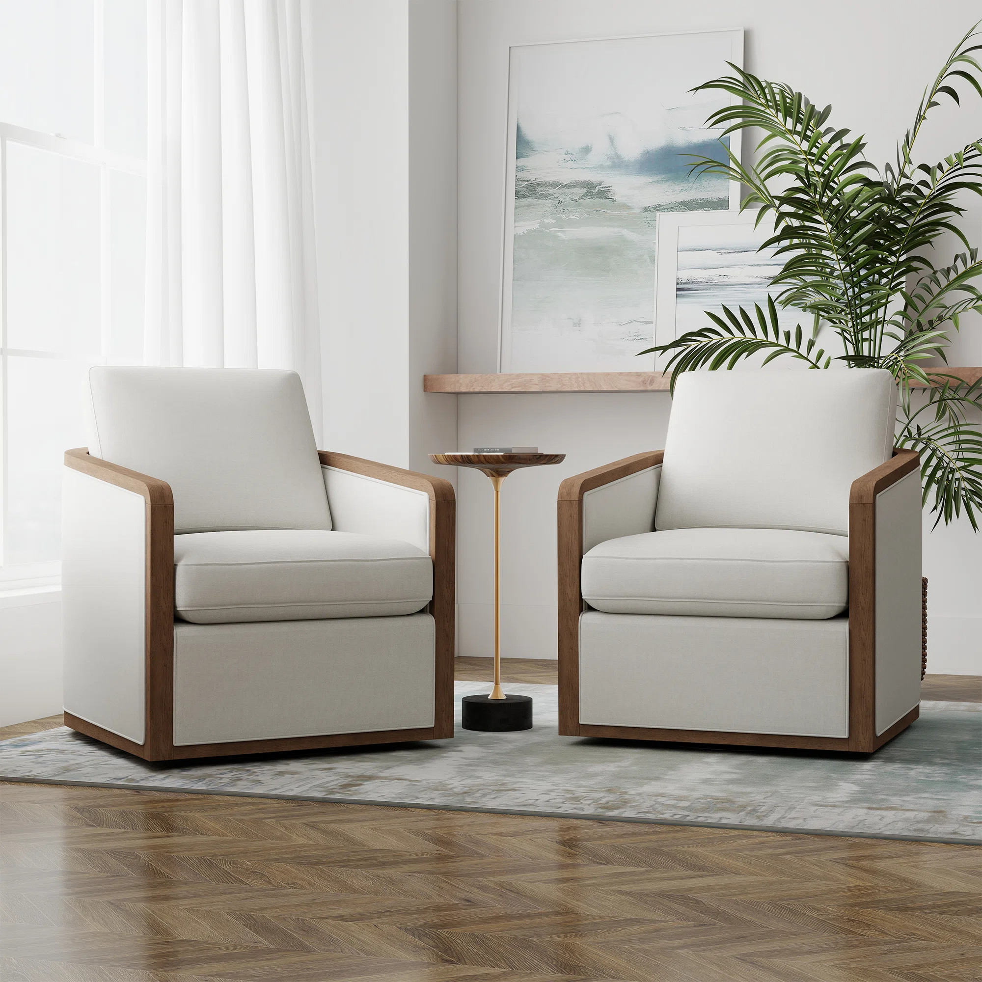 Corrigan Studio® Upholstered Swivel Armchair Set Solid Wood Armrest Accent Barrel Chairs No Asse... | Wayfair North America