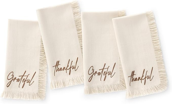 Elrene Home Fashions Fringed Harvest Sentiment Cotton Napkins, Set of 4, 17"x17", Natural | Amazon (US)