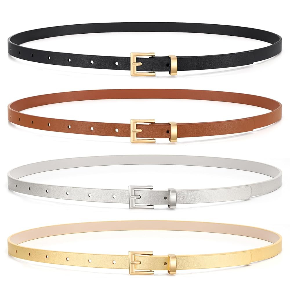 WHIPPY Set of 4 Women Skinny Leather Belt Thin Waist Belt with Metal Buckle for Pants Jeans Dre... | Amazon (US)
