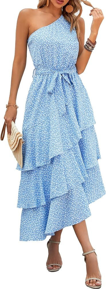 PRETTYGARDEN Women's Summer Floral Sundress Casual One Shoulder Tiered Ruffle Flowy Midi Beach Bo... | Amazon (US)