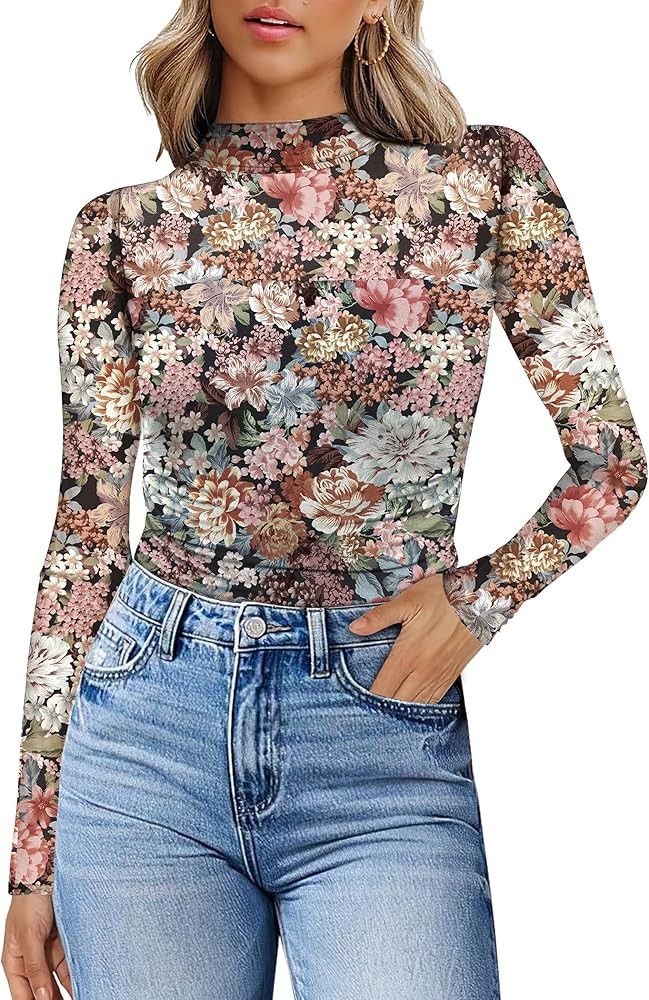 Womens Sexy Mesh Long Sleeve Shirts Fashion Clothing Turtle Necks Sheer Ruched Going Out Tops Fal... | Amazon (US)