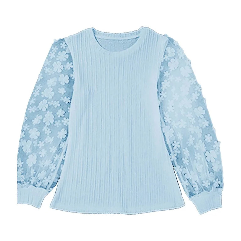 Womens Long Sleeve Tops Textured Flower Mesh Long Sleeve Spring Fall Casual Trendy Tops | Walmart (US)