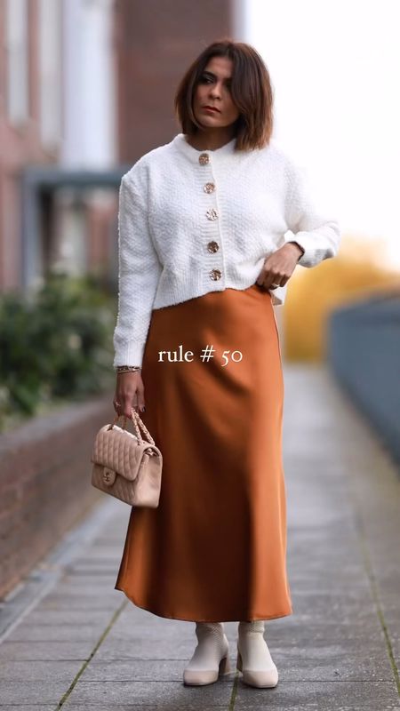 Everyday Look City Day Out Look Casual Look Autumn Outfit Cream Cardigan Brown Orange Satin Midi Skirt Beige Ankle Boots

#LTKstyletip #LTKover40 #LTKSeasonal