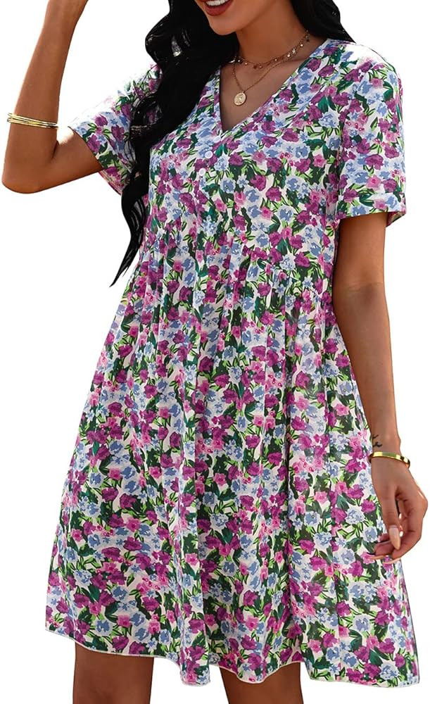 PRETTYGARDEN Summer Dress for Women 2023 Short Sleeve V Neck Ruffle Floral Swing A-Line Short Dre... | Amazon (US)