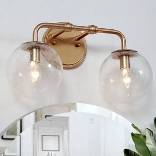 Modern Globe Bathroom Vanity Light 2-Light Brass Gold Round Powder Room Wall Sconce Light with Se... | The Home Depot