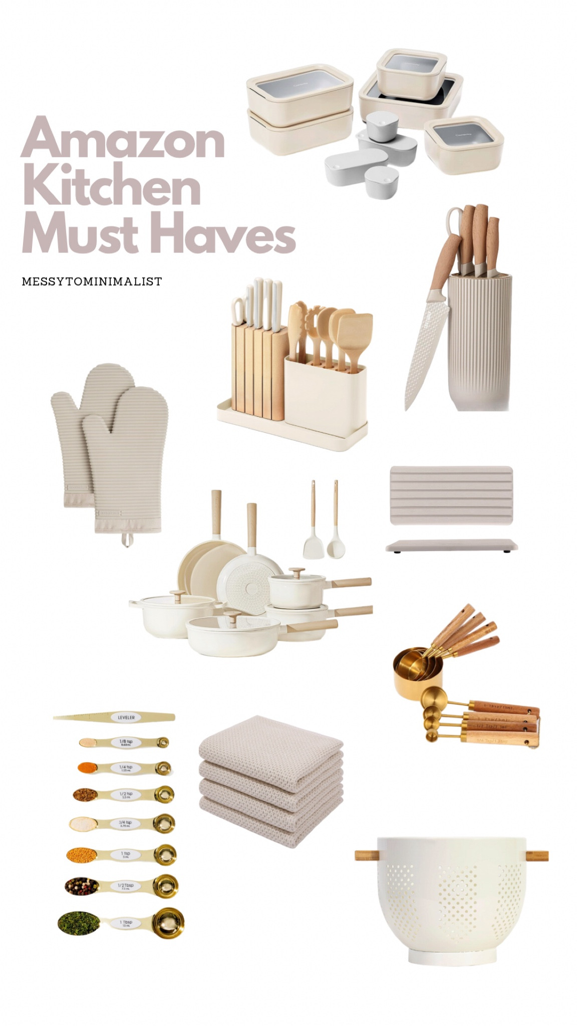 Amazon kitchen must haves, neutral kitchen, knife block, pots and pans, measuring cups and spoons, towels, oven mitsts

#LTKhome #LTKfindsunder100