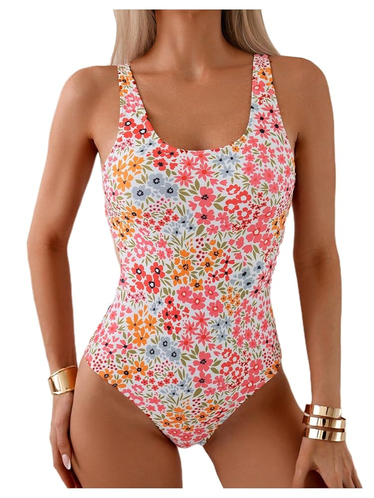 Women's Floral Print Scoop Neck One Piece Swimsuit Tie Back Bathing Suit Backless Swimwear | Amazon (US)