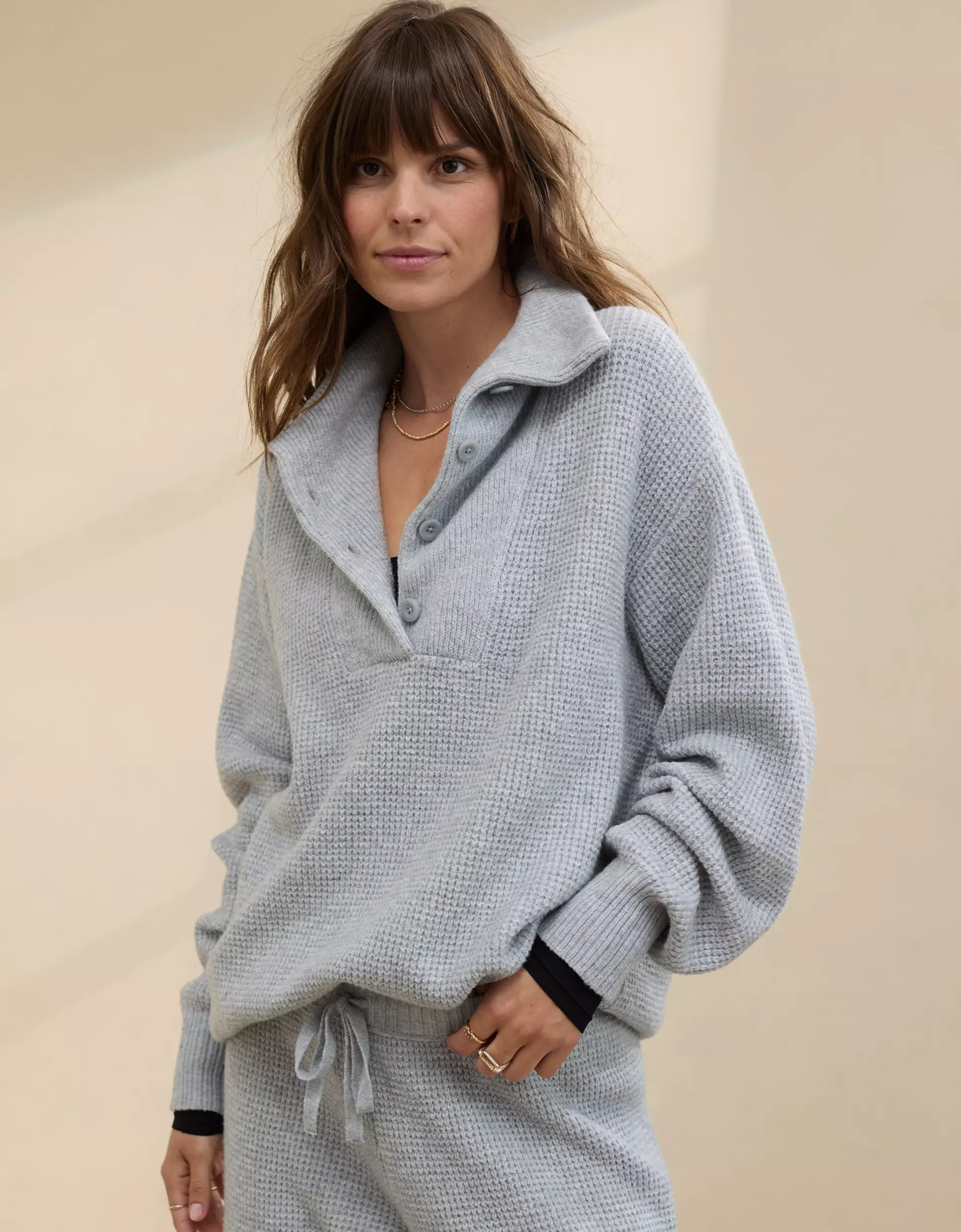 Aerie CozyUp Waffle Button Sweater | American Eagle Outfitters (US & CA)