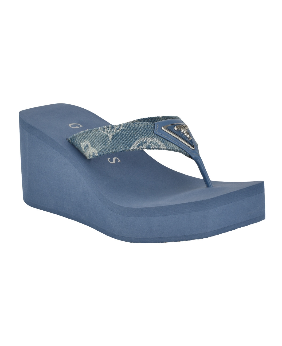 Guess Women's Demmey Logo Thong Square Toe Wedge Sandals - Dark Blue Denim - Textile, Manmade | Macy's