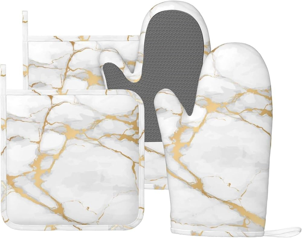 Oven Mitts and Pot Holders Marble White Gold Silicone Kitchen Accessories Set of 4 Heat Resistant... | Amazon (US)