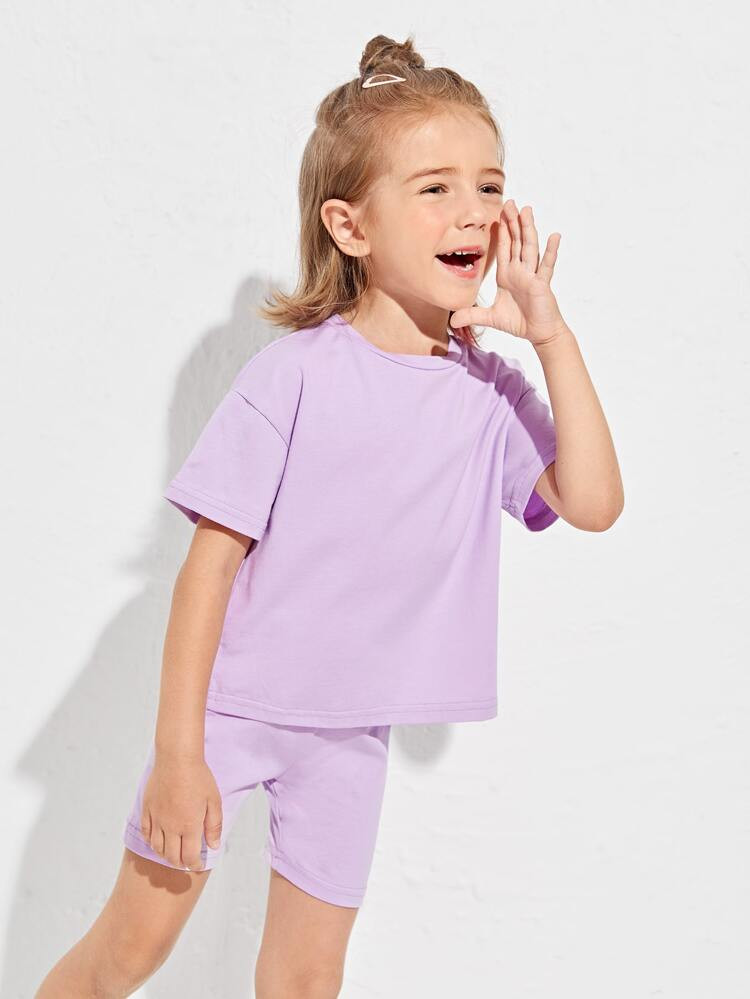 SHEIN BASICS Toddler Girls Drop Shoulder Top & Biker Shorts Set | SHEIN