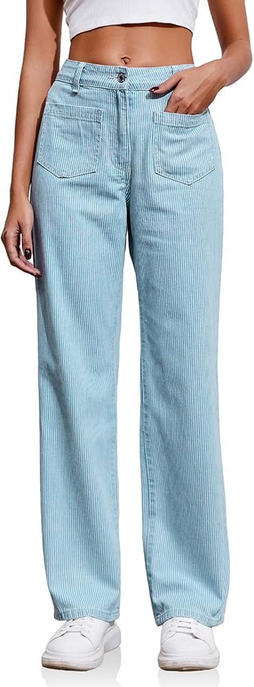 PLNOTME Womens High Waisted Striped Jeans Casual Straight Leg Denim Pants with Pockets | Amazon (US)