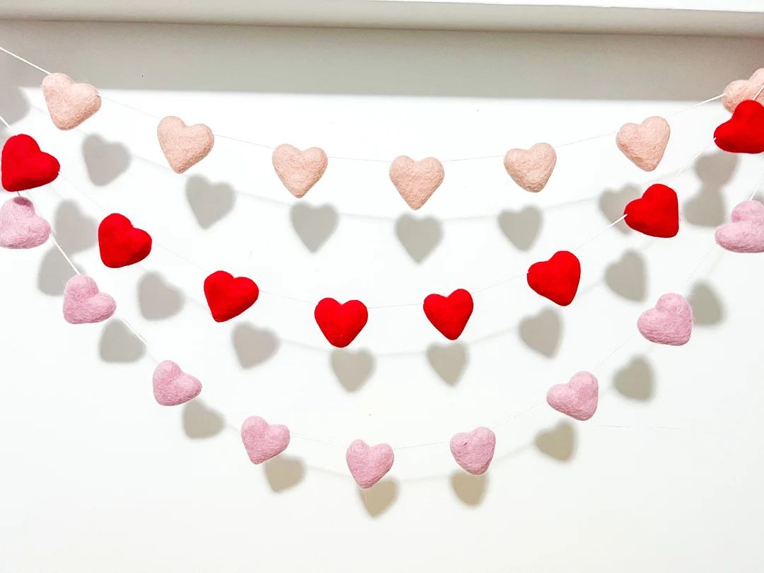 Red Heart Garland , Blush Heart Garland , Pink Heart Garland, Valentines Day Felt Ball Garland , ... | Etsy (US)