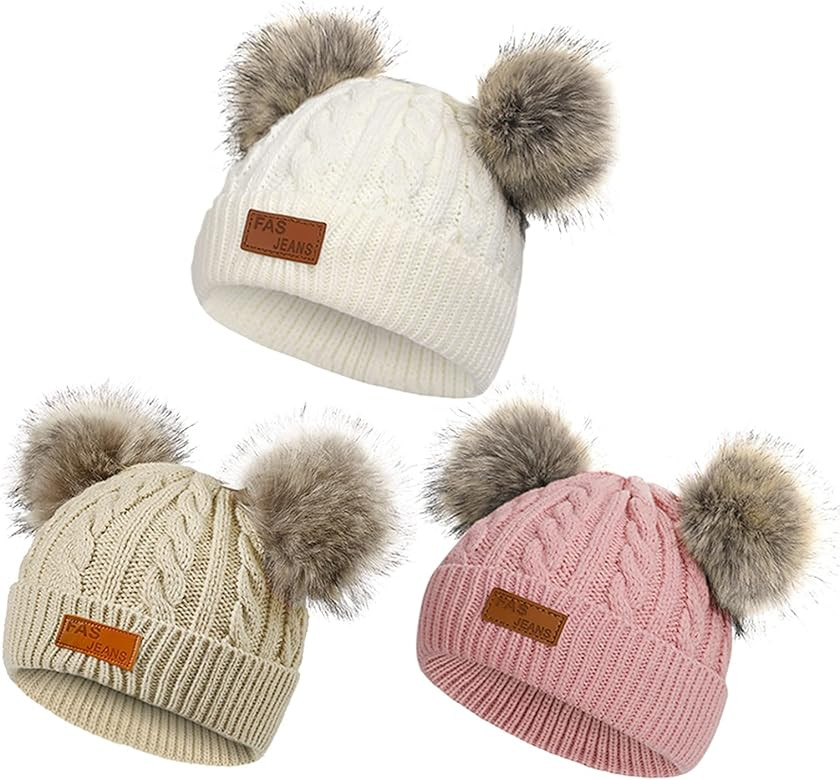American Trends Baby Beanie Hat Double Pom Pom Toddler Beanies Knit Infant Winter Hat Caps for Bo... | Amazon (US)