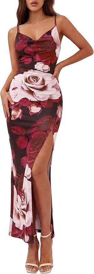 BTFBM Summer Dresses for Women 2026 Bodycon Spaghetti Strap Floral High Split Maxi Cocktail Weddi... | Amazon (US)