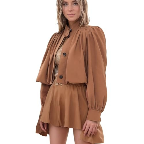 Chevara Women's Streetwear Gathered Stand Collar Cropped Jacket Button Front Long Sleeves Pockets... | Amazon (US)