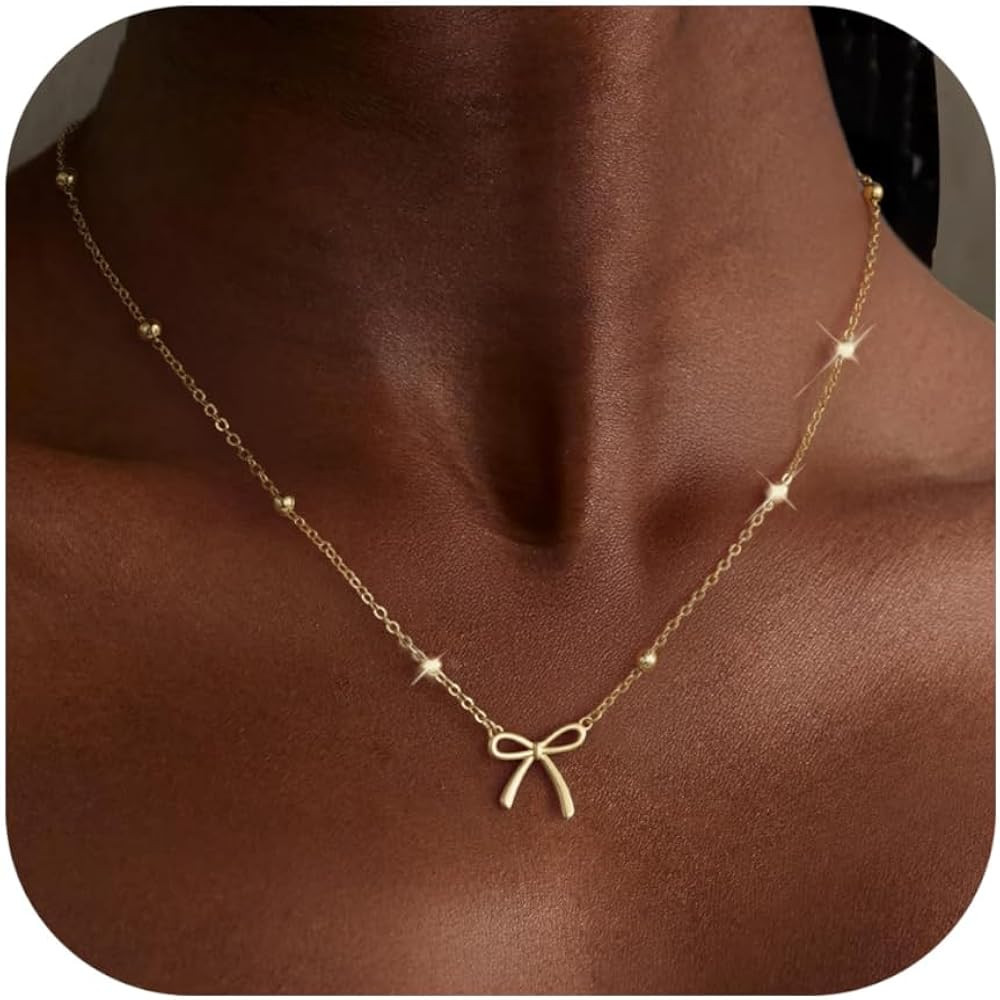Dainty Bow Necklace for Women 14K Gold Plated Cute Choker Small Pendant Charm Necklaces Teen Gift... | Amazon (US)