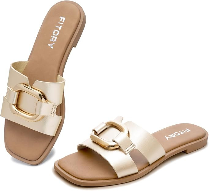 FITORY Women's Flat Sandals Fashion Square Open Toe Slides With Metal Chain Slippers for Summer S... | Amazon (US)