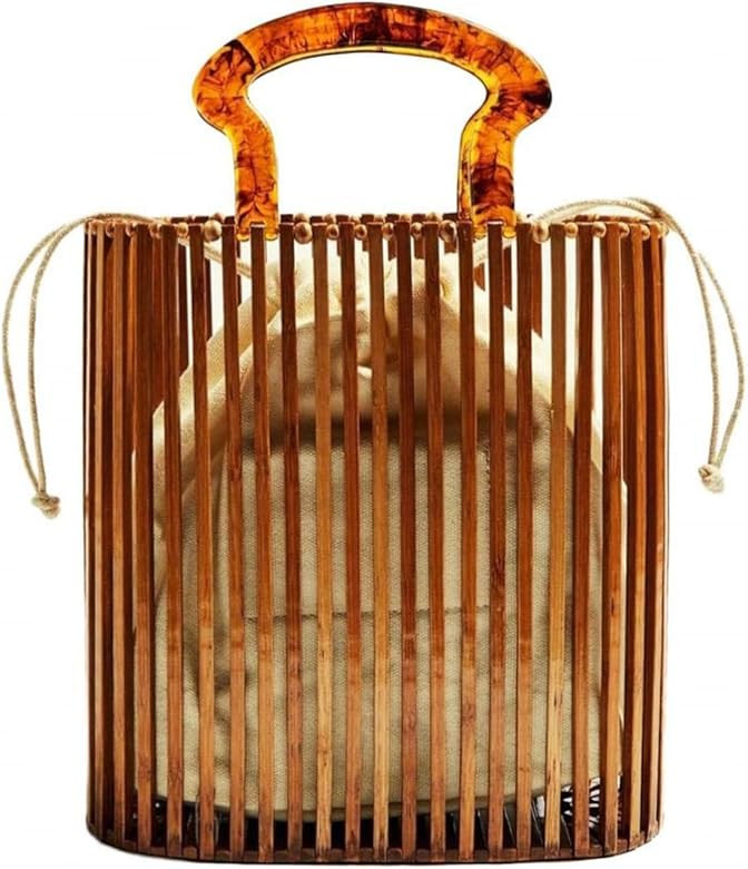 Womens Fashion Bamboo Bag with Acrylic Handle Bucket Bag Summer Beach Clutch Purse Handbags | Amazon (US)