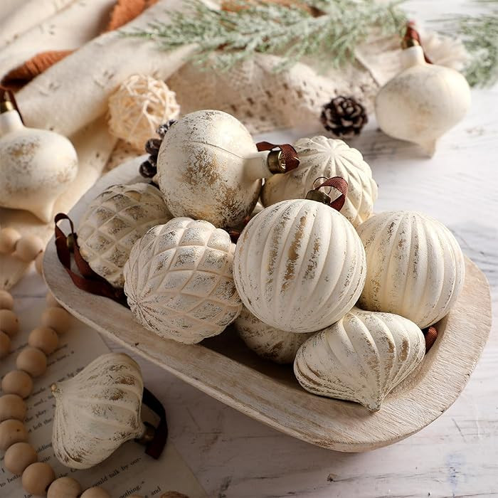 12 adornos de Navidad texturizados de 2.36 pulgadas, decoración neutra para el hogar con lazo pa... | Amazon (US)