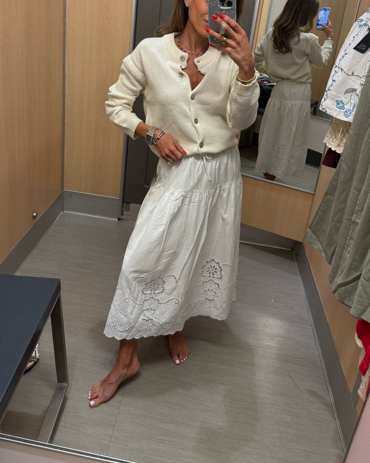 Finally found this adorable white eyelet skirt online with this cream, off-white cardigan for summer wearing smallest size in both

#LTKootd #LTKPetite