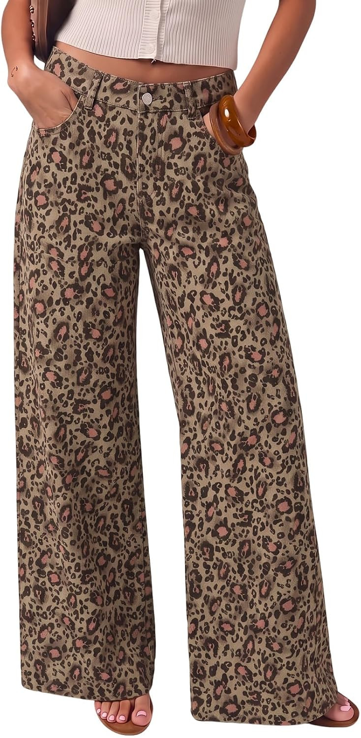 Dokotoo Women's High Waisted Jeans Wide Leg Leopard Print Denim Pants | Amazon (US)
