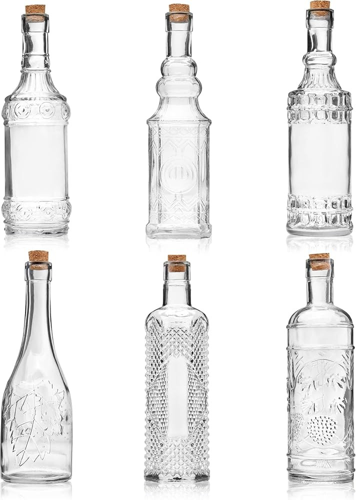 Assorted Clear Glass Bottles with Corks, 6 Pack, 2.5in X 9in, 16oz | Amazon (US)