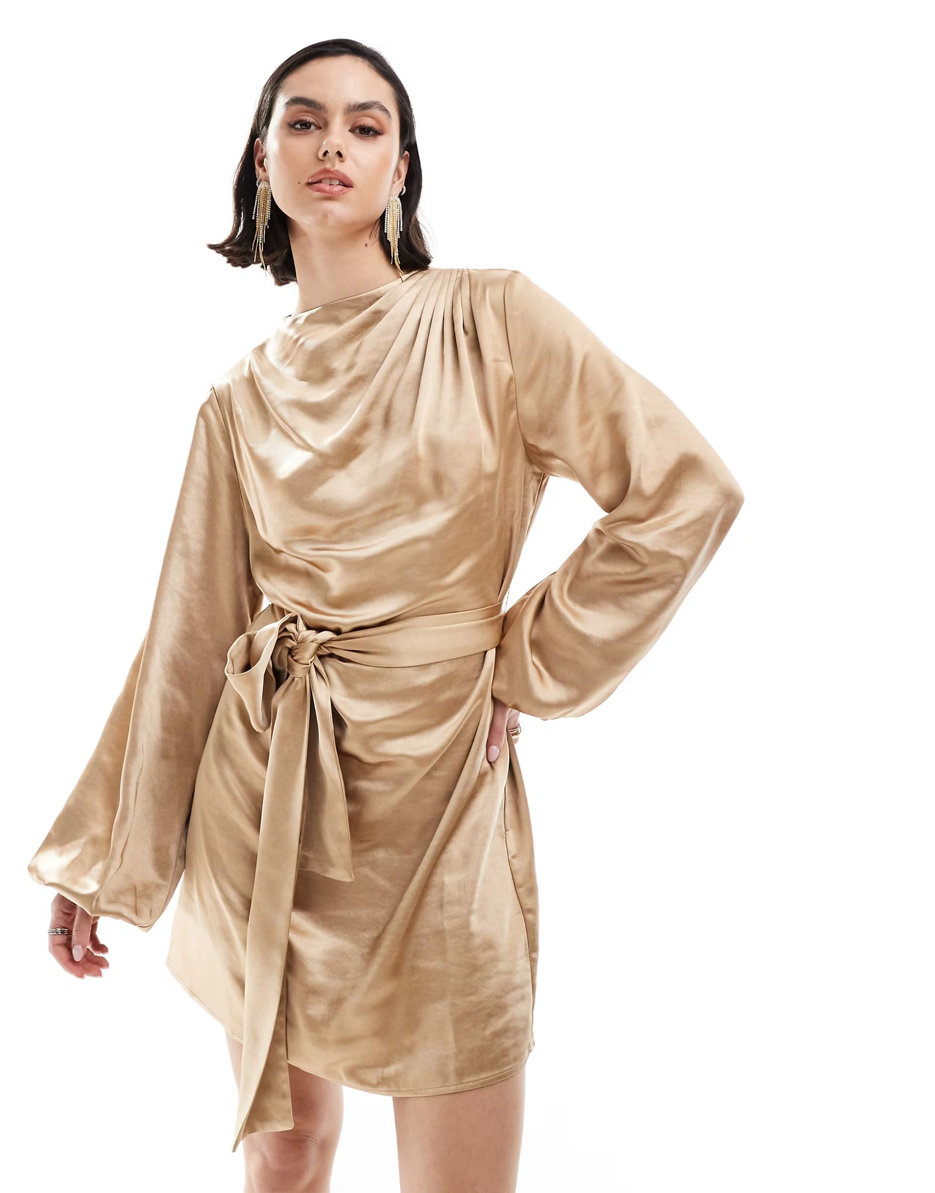 Pretty Lavish tie waist satin mini dress in matte gold | ASOS (Global)