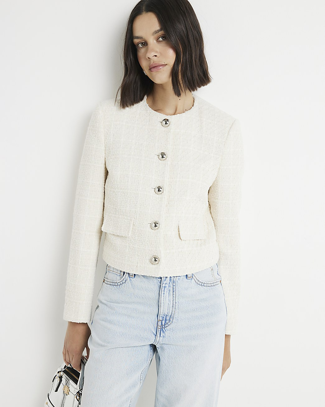 Cream boucle crop trophy jacket | River Island (UK & IE)