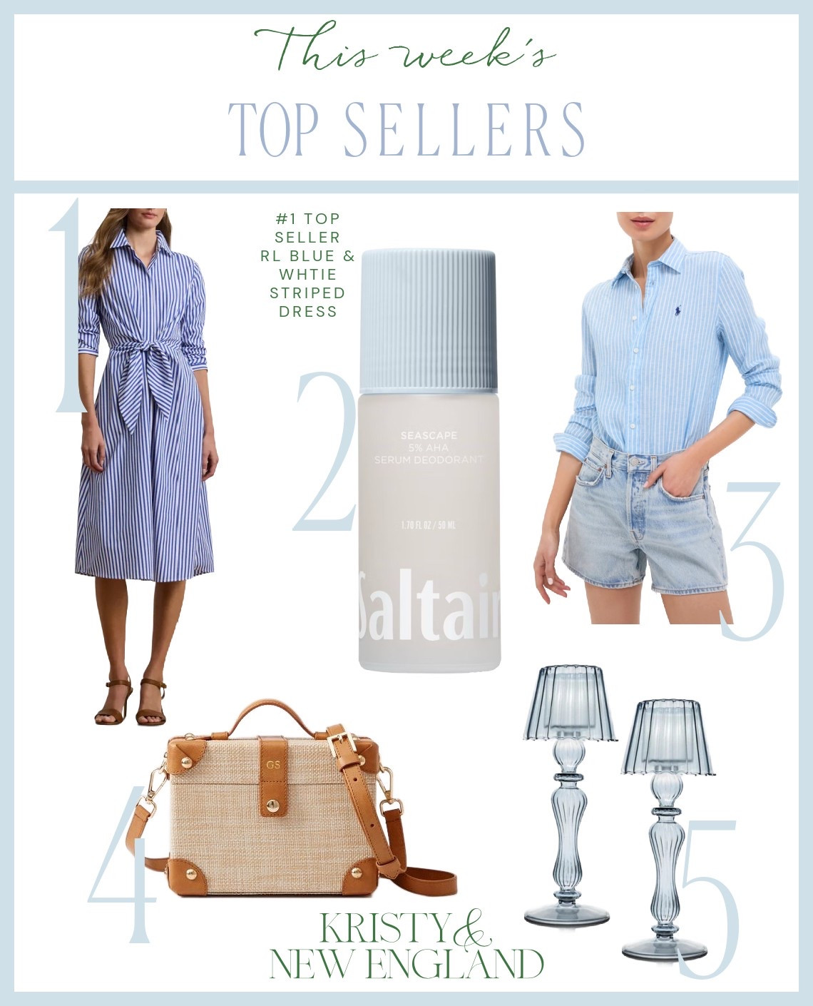 Top Sellers of the Week #1 Ralph Lauren Striped Tie Waist Dress #2 Saltair Serum Deodorant #3 Ralph Lauren Linen Shirt #4 Raffia Crossbody Bag (on sale) #5 Blue Votive Table Lamps

#LTKSaleAlert #LTKOver40 #LTKHome