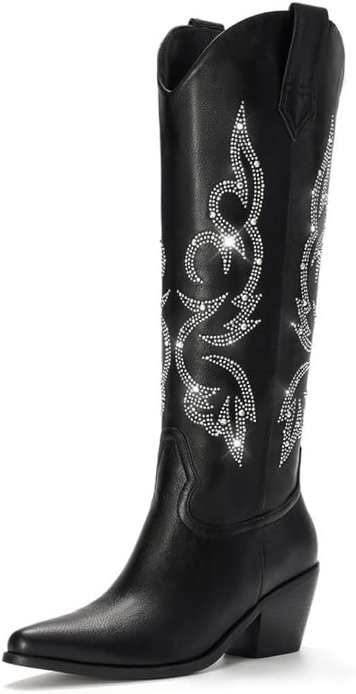 White Cowboy Boots for Women - Wide Calf Rhinestone Cowgirl Boots, Women Knee High Western Boots, Gl | Amazon (US)