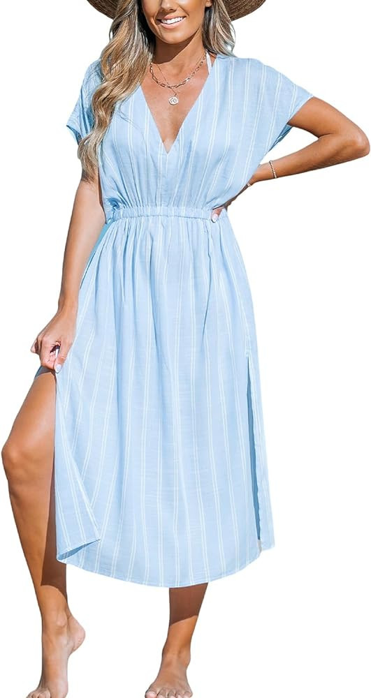 CUPSHE Women's Cover Up V Neck Midi Dress Short Sleeves Beachwear Casual Coverups Striped Summer ... | Amazon (US)