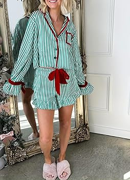 Argeousgor Women Y2K Satin Pajamas Bow Tie 2 Piece Pjs Set Long Sleeve Button Down Shirt Ruffle S... | Amazon (US)