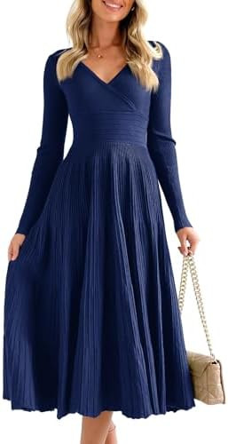 Saodimallsu Womens Long Sleeve Midi Sweater Dress Wrap V Neck Pleated A Line Fit Flare Elegant Kn... | Amazon (US)