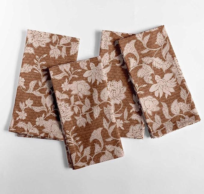 Rustic Brown Floral Block Print Cotton Napkins - Set of 4, 20x20 Inches, Earthy Ethinc Elegance P... | Amazon (US)