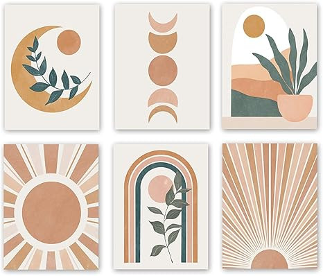 Abstract Boho Wall Art Prints, Minimalist Geometric Sun Canvas Wall Art (8"x10"x6pcs, Unframed)-M... | Amazon (US)