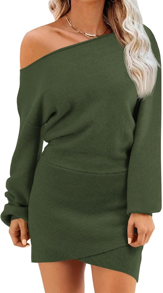 Wenrine Women's Off The Shoulder Sweater Dress 2025 Fall Winter Casual Long Sleeve Knit Slim Fit ... | Amazon (US)