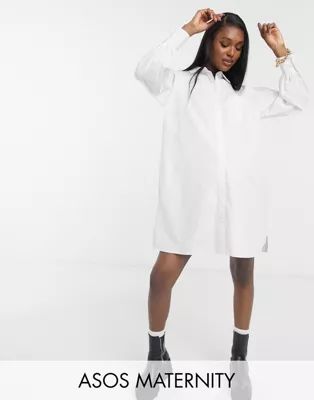 ASOS DESIGN Maternity cotton poplin oversized boyfriend mini shirt dress in white | ASOS (Global)