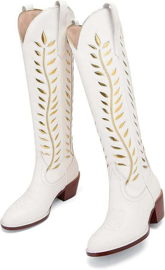 Yishaweiqi Embroidered Cowboy Boots for Women Almond Round Toe Chunky Heel Cowgirl Boots Pull On ... | Amazon (US)