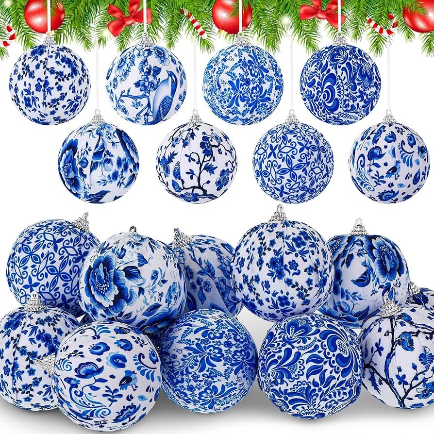 Soulchen 16 Pack 3 Inch Christmas Blue and White Chinoiserie Ball Ornaments Xmas Tree Fabric Wrap... | Amazon (US)