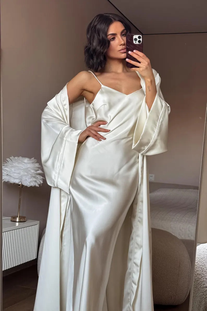 White Satin Dress, Bridal Dressing Gown, Lounge set, Maxi Slip with Long Robe | Etsy (US)