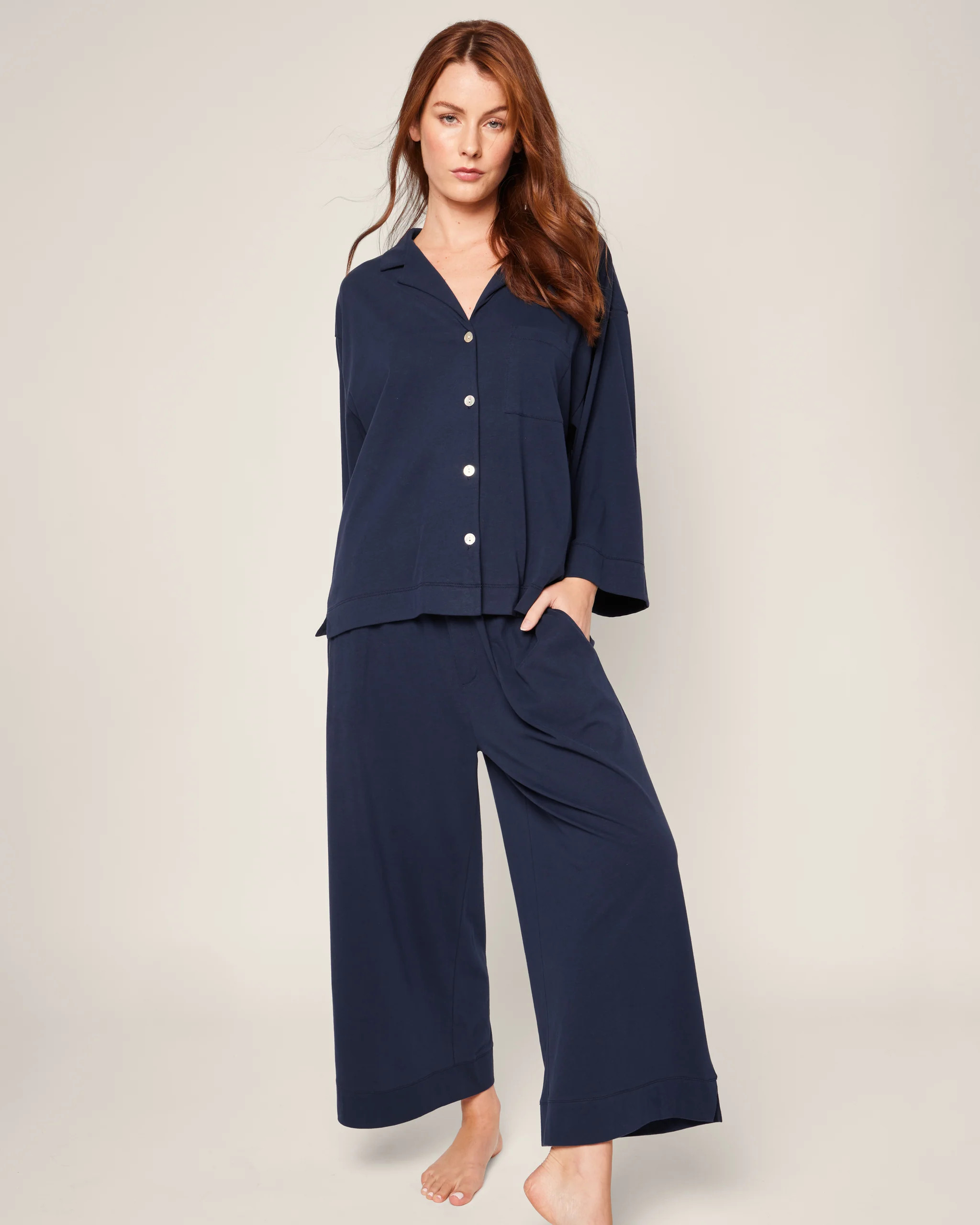 The Olivia Wide Leg Pima Pajama Set in Navy | Petite Plume