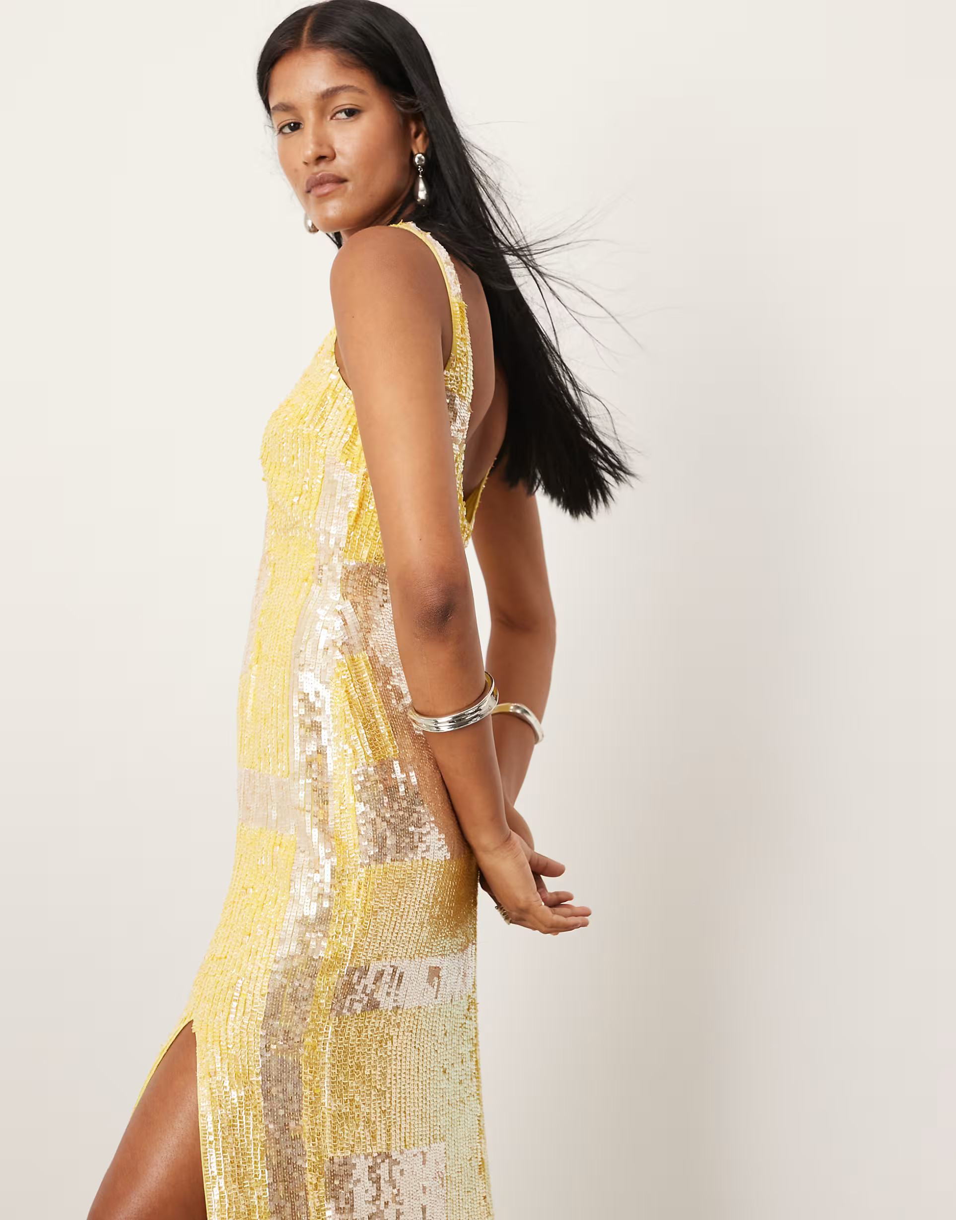 ASOS EDITION embellished square neck midaxi dress in yellow geo stripe print | ASOS (Global)