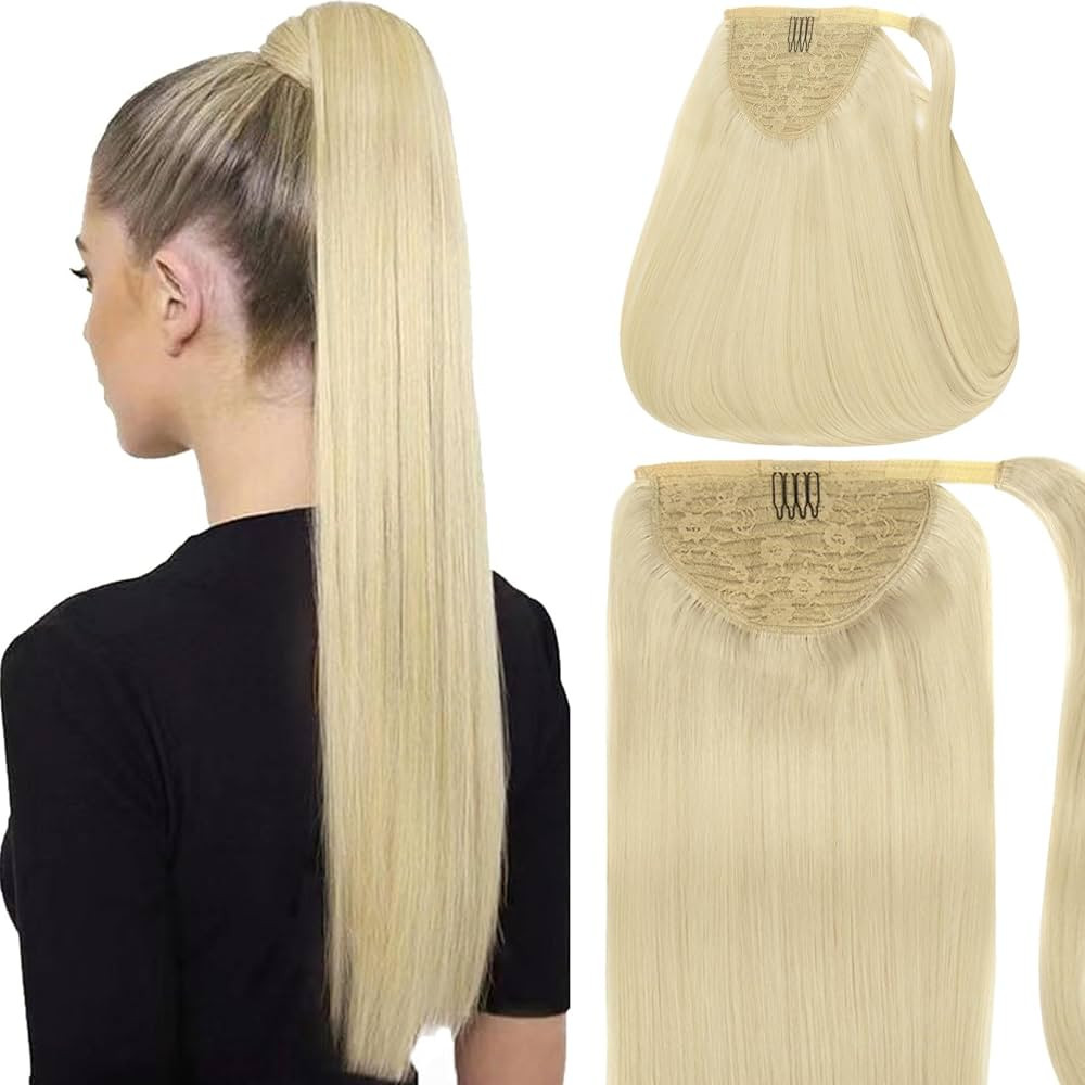 Caliee 14Inch Ponytail Extensions Human Hair 60A Platinum Blonde 100% Remy Human Hair Wrap Around... | Amazon (US)