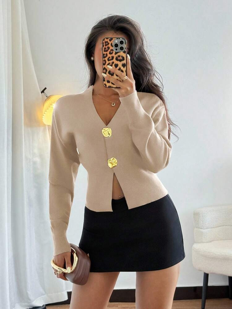 Minimalist asymmetrical button knit cardigan | SHEIN