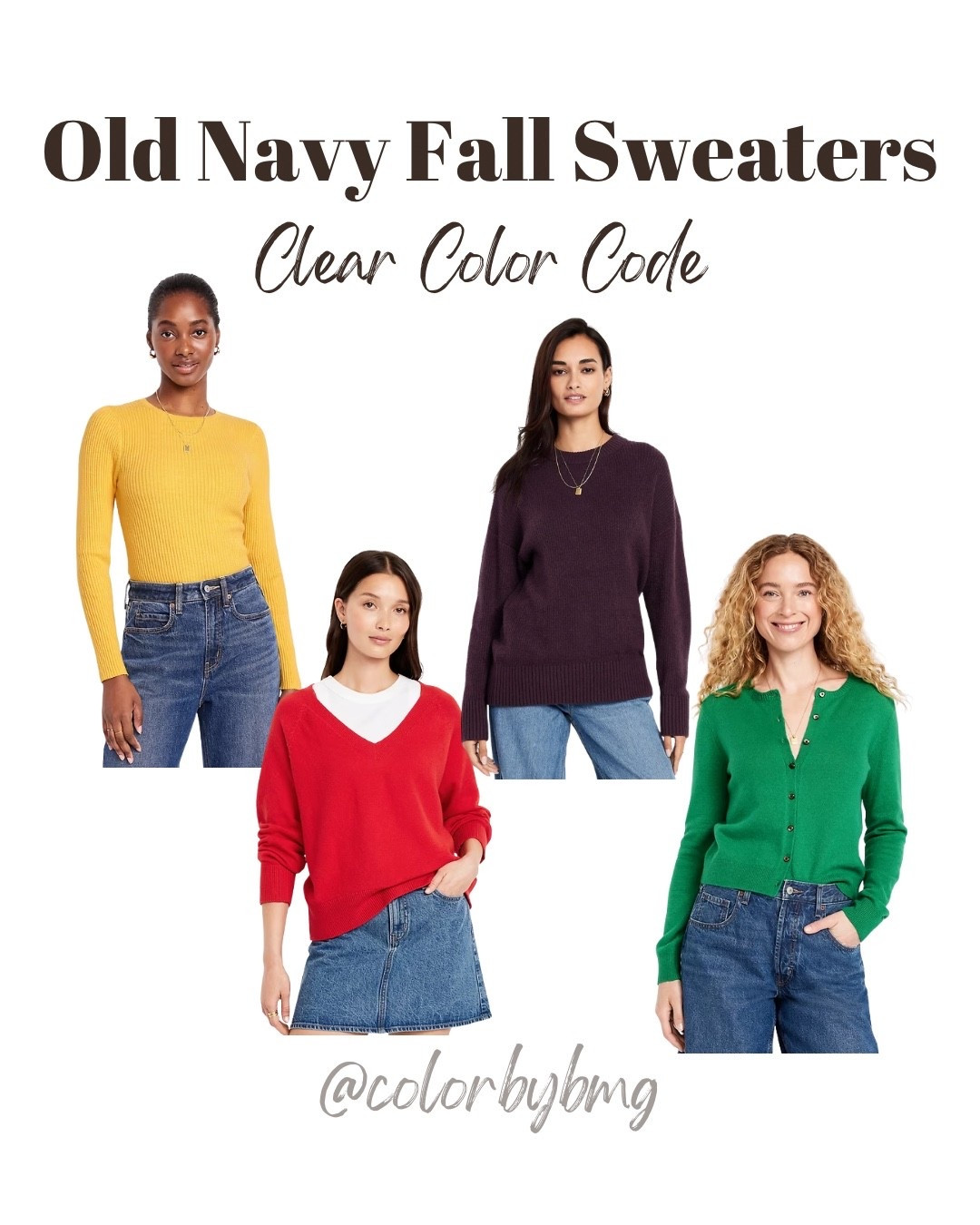 Clear Color Code Sweaters

Colors:
1. Chamomile
2. Fan the Flames
3. Veil of Night
4. Black and White Check

