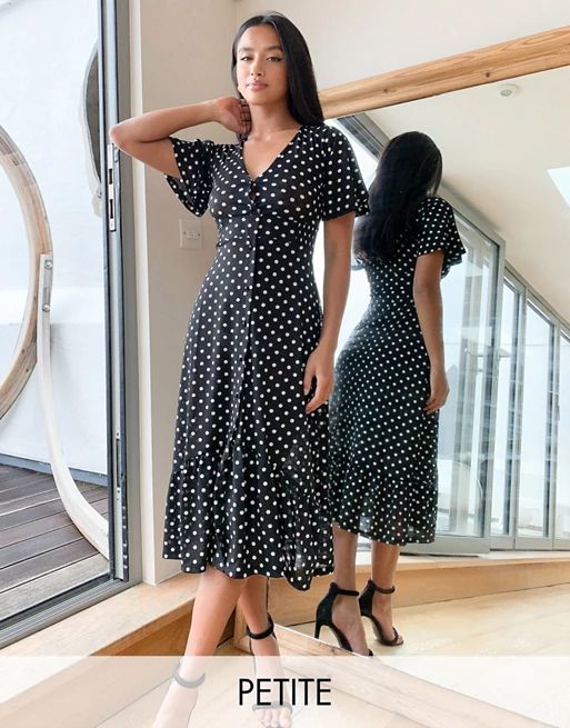 River Island Petite polka dot button through midi dress in black | ASOS (Global)