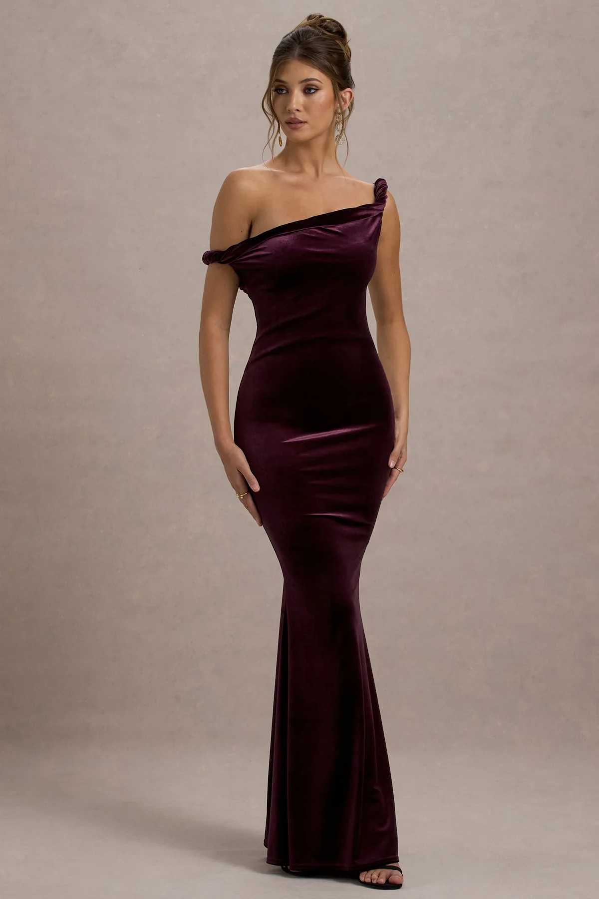 Neeka | Port Velvet Twisted Asymmetric Maxi Dress | Club L London